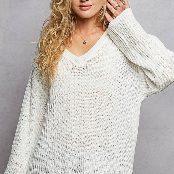Oversized White Knit Sweater | Slouchy V-Neck Pullover | Boho Cozy Top NWT - Picture 1 of 6